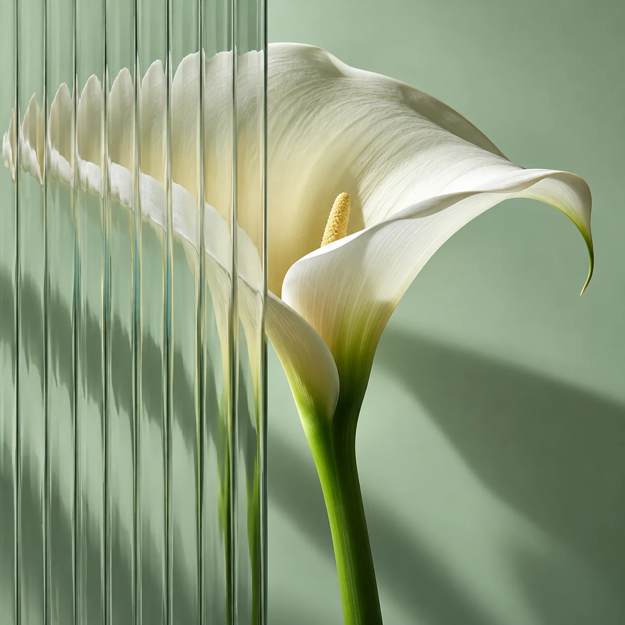 A white calla lily refracted through rippled glass