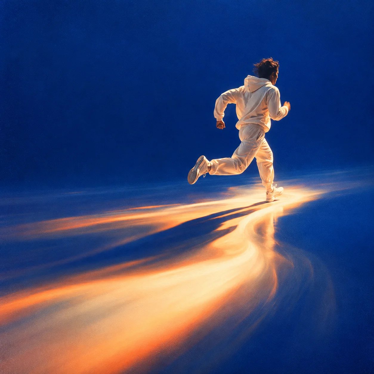 A runner in ivory crossing cobalt blue with a warm light trail