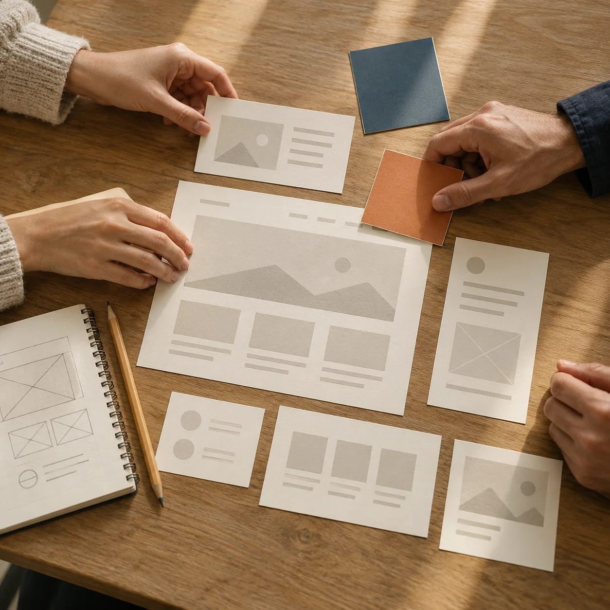 Collaborators arranging paper website layouts and colour swatches